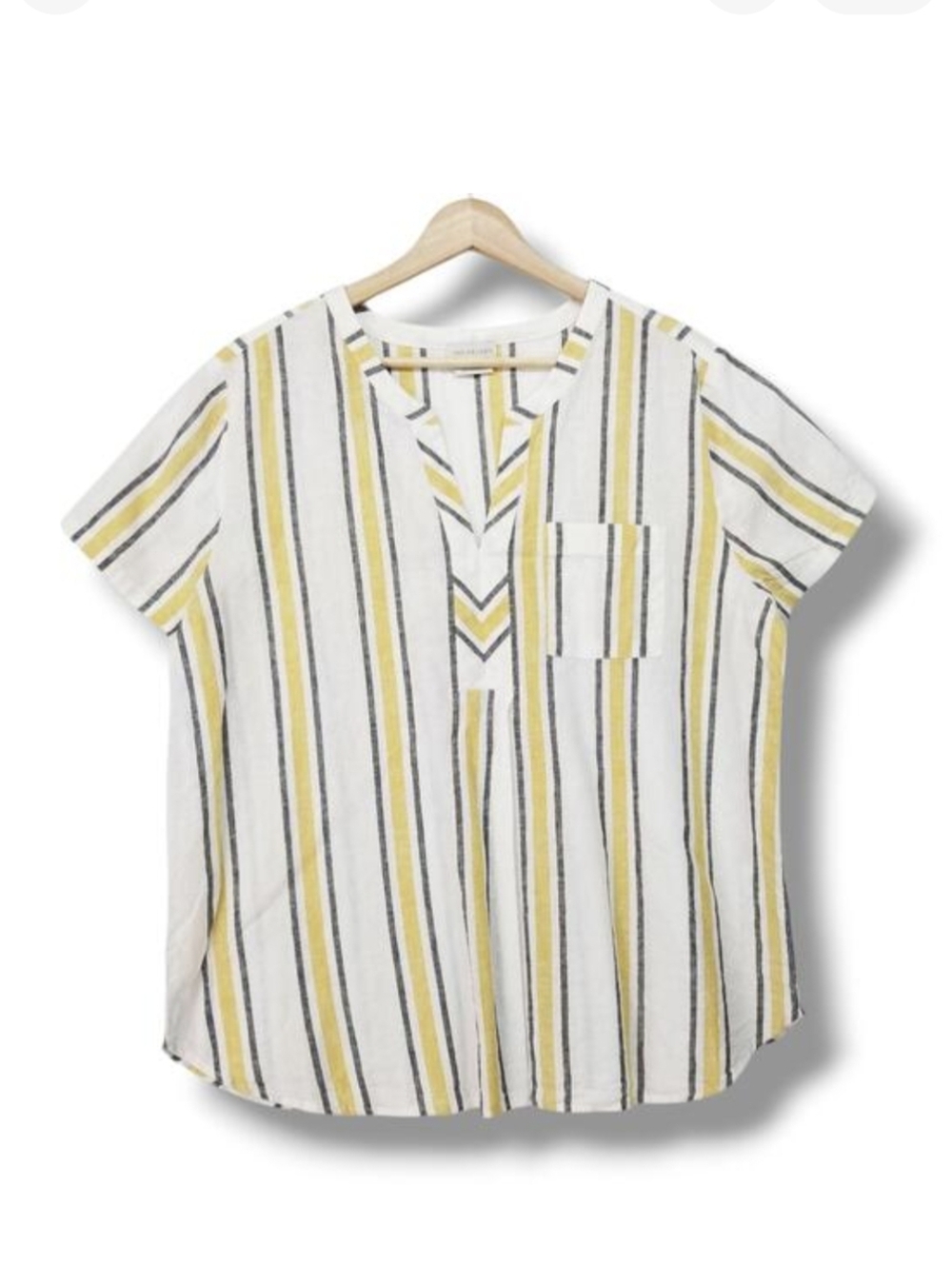 Van Heusen Striped Linen Cotton Blend Short Sleeve Blouse Top XL White Gray Gold